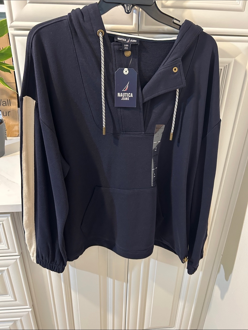 Nautica Navy Hooded Pullover with Beige Sleeve Stripes